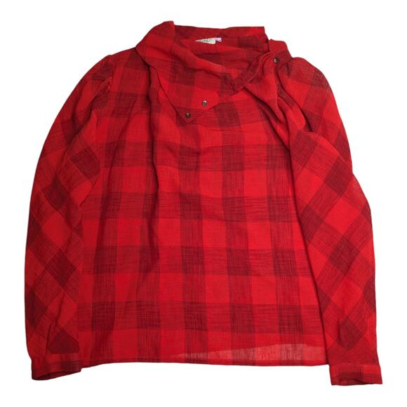Vtg 1970s Bethany Red Buffalo Plaid Draped Collar Puff Shoulder Blouse 42 1X - Picture 1 of 5